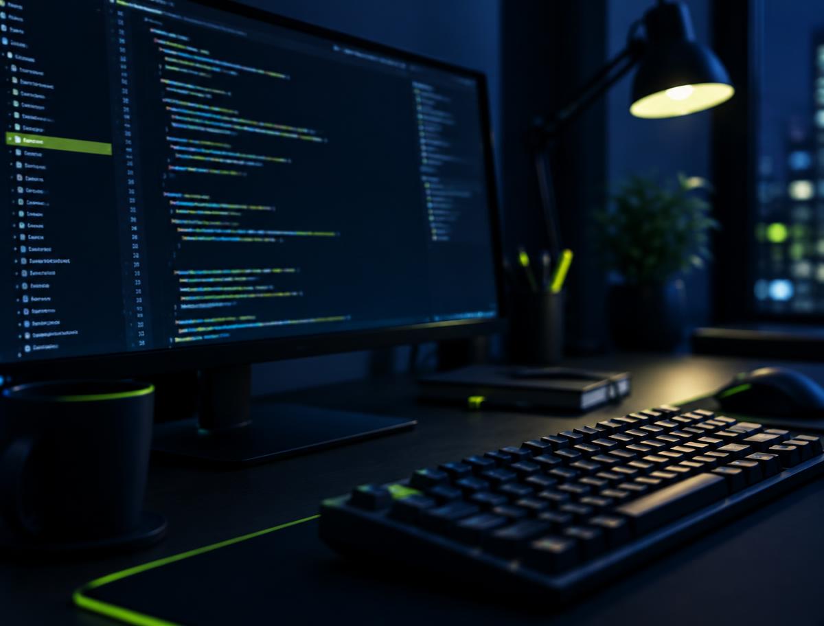 Code editor open on a monitor on a desk lit by a lamp at night