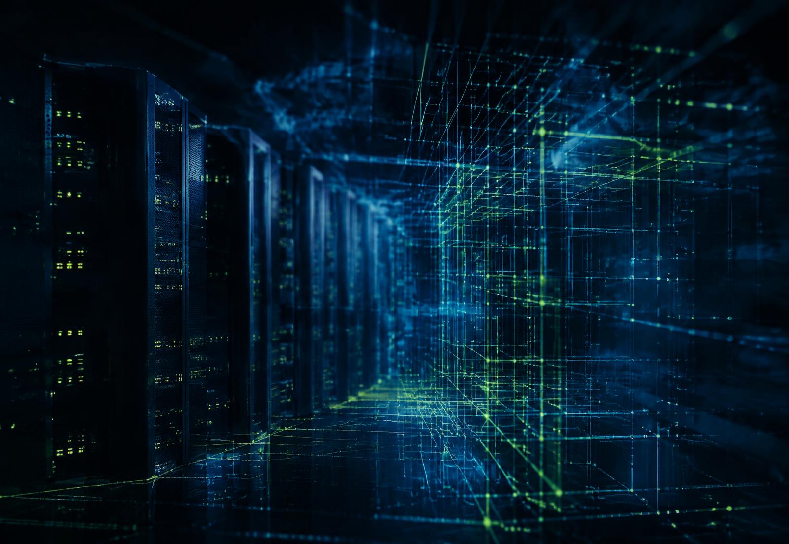 Server racks in a dark data hall overlaid with glowing lines of a digital grid