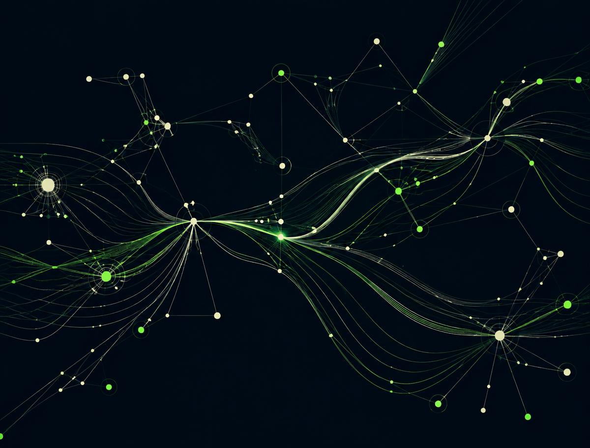 Abstract network of connected nodes with flowing data lines